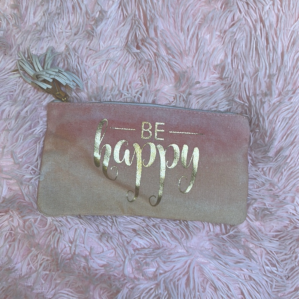 Beautiful gold embossed ‘Be happy’ pink to yellow ombré pencil case.